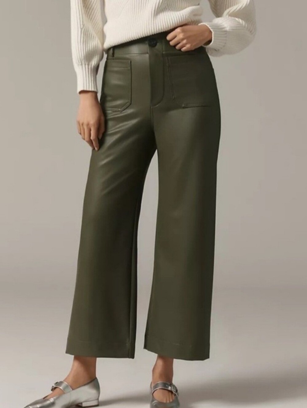 Anthropologie Maeve Colette Olive Faux Leather Cropped Pant Size 26